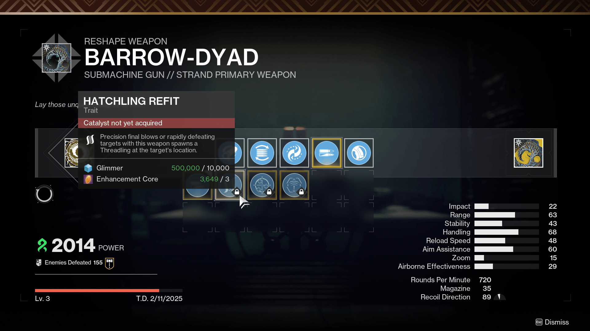 The crafting menu for the Barrow-Dyad in Destiny 2