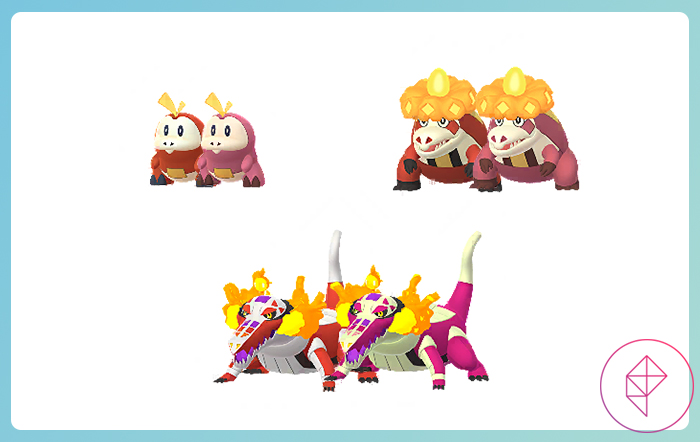 Fuecoco, Crocalor, and Skeledirge with their shiny forms in Pokémon Go. All three turn a subtle pink.