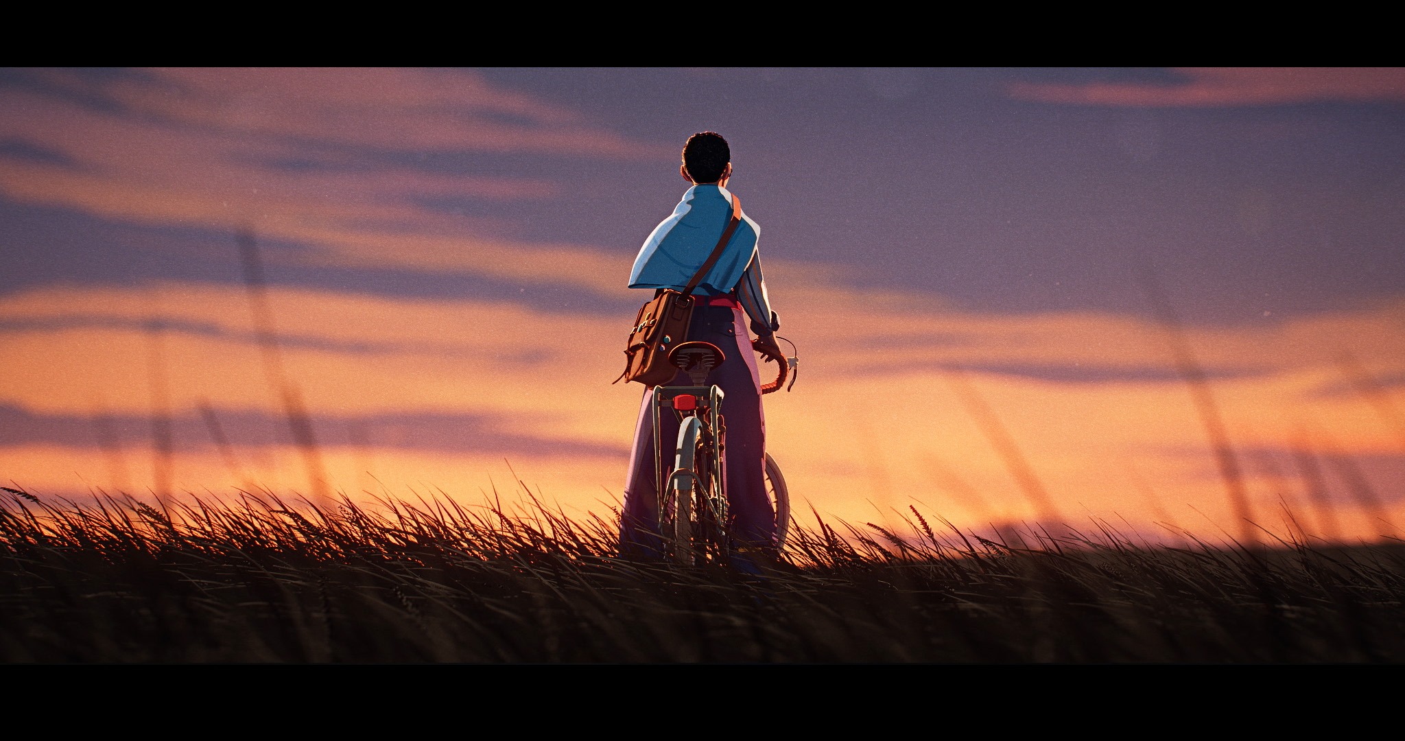 A piece of artwork from Season: A Letter to the Future shows a character standing with a bike and looking at the sunset in the distance.