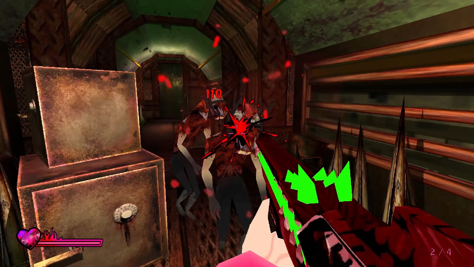 Michelle fires a gun at a pair of approaching demons in a first-person view screenshot from Sorry We’re Closed
