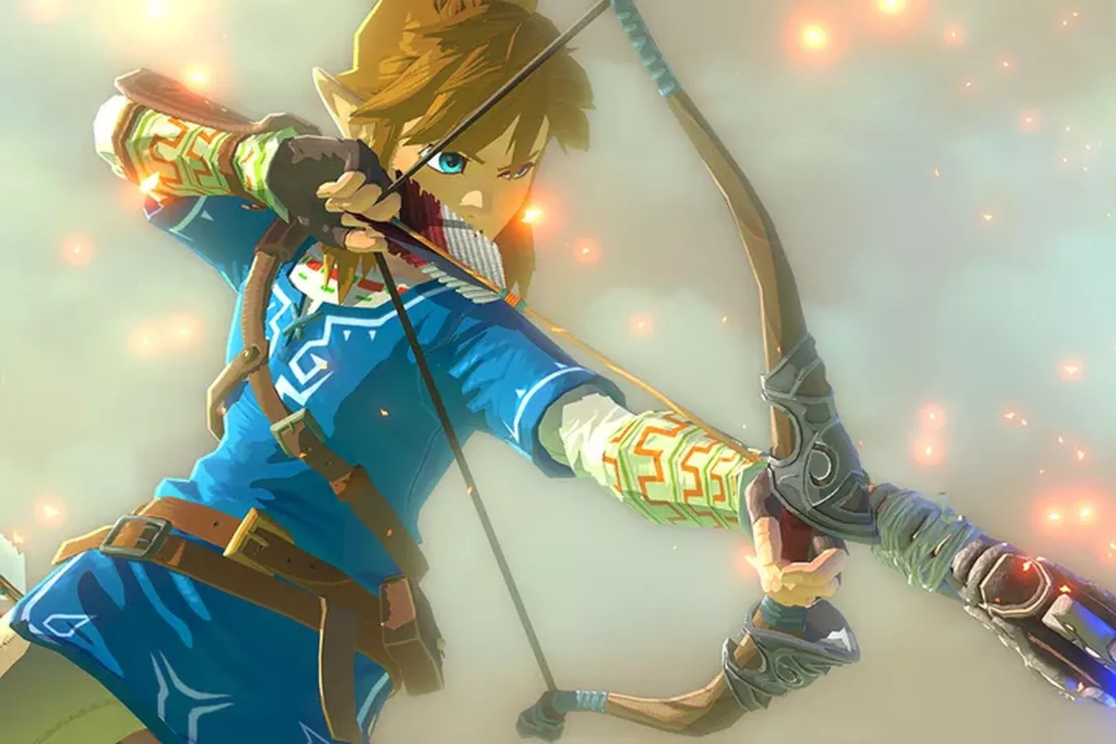 Link draws a bow in closeup in The Legend of Zelda: Breath of the Wild