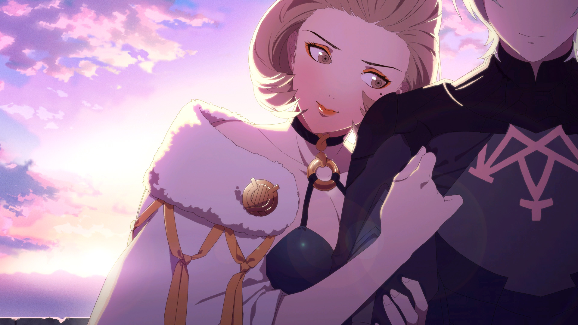 Manuela embraces the player character in Fire Emblem: Three Houses