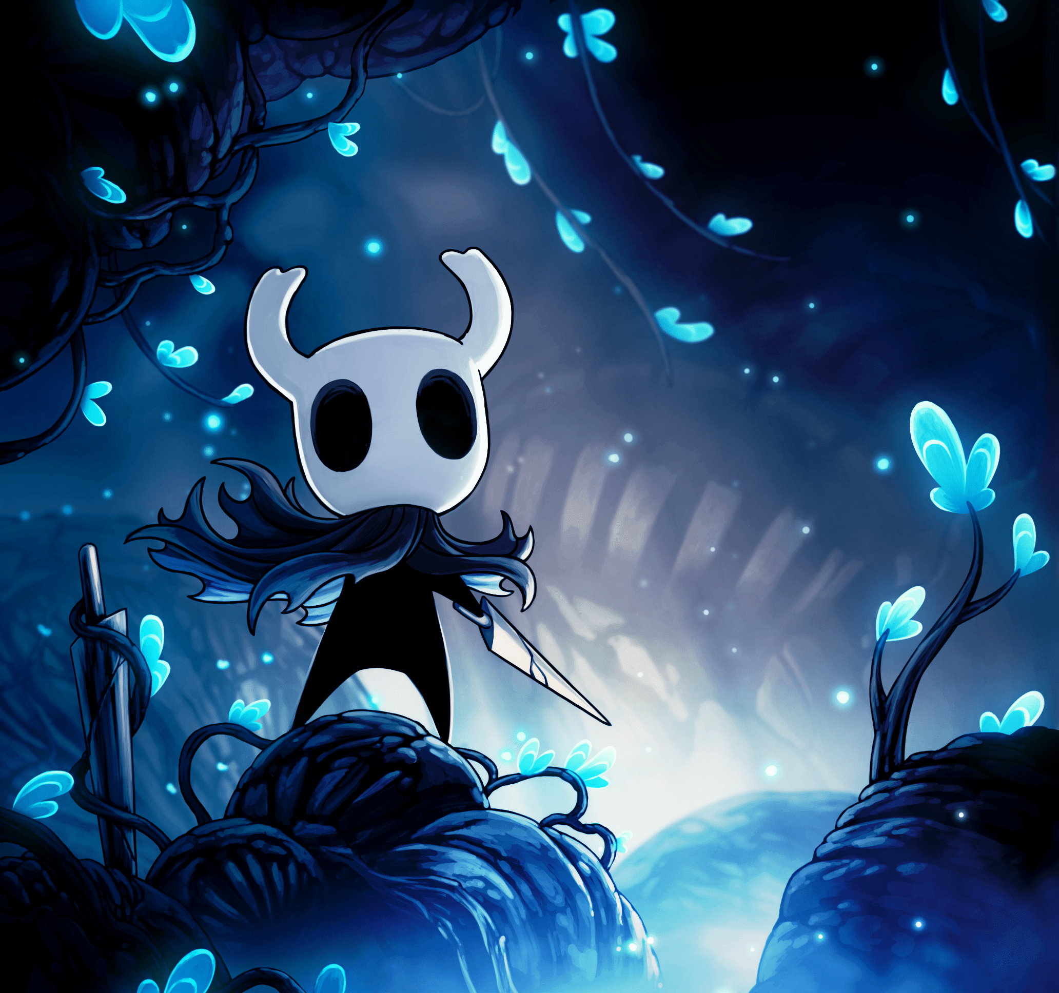 The knight of Hollow Knight stands on a rock, with blue flowers and a swirling sky behind him.