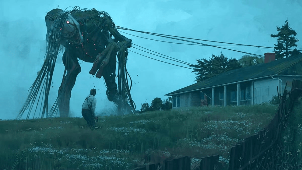 A giant robot wanders around a barren looking landscape in The Electric State