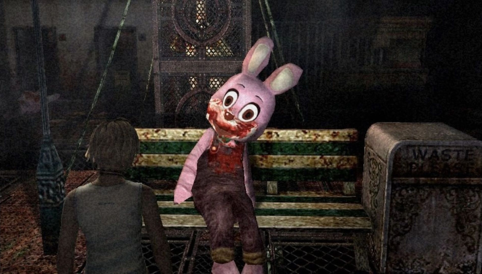 A screenshot from Silent Hill 3 shows a large stuffed bunny with a bloody mouth.