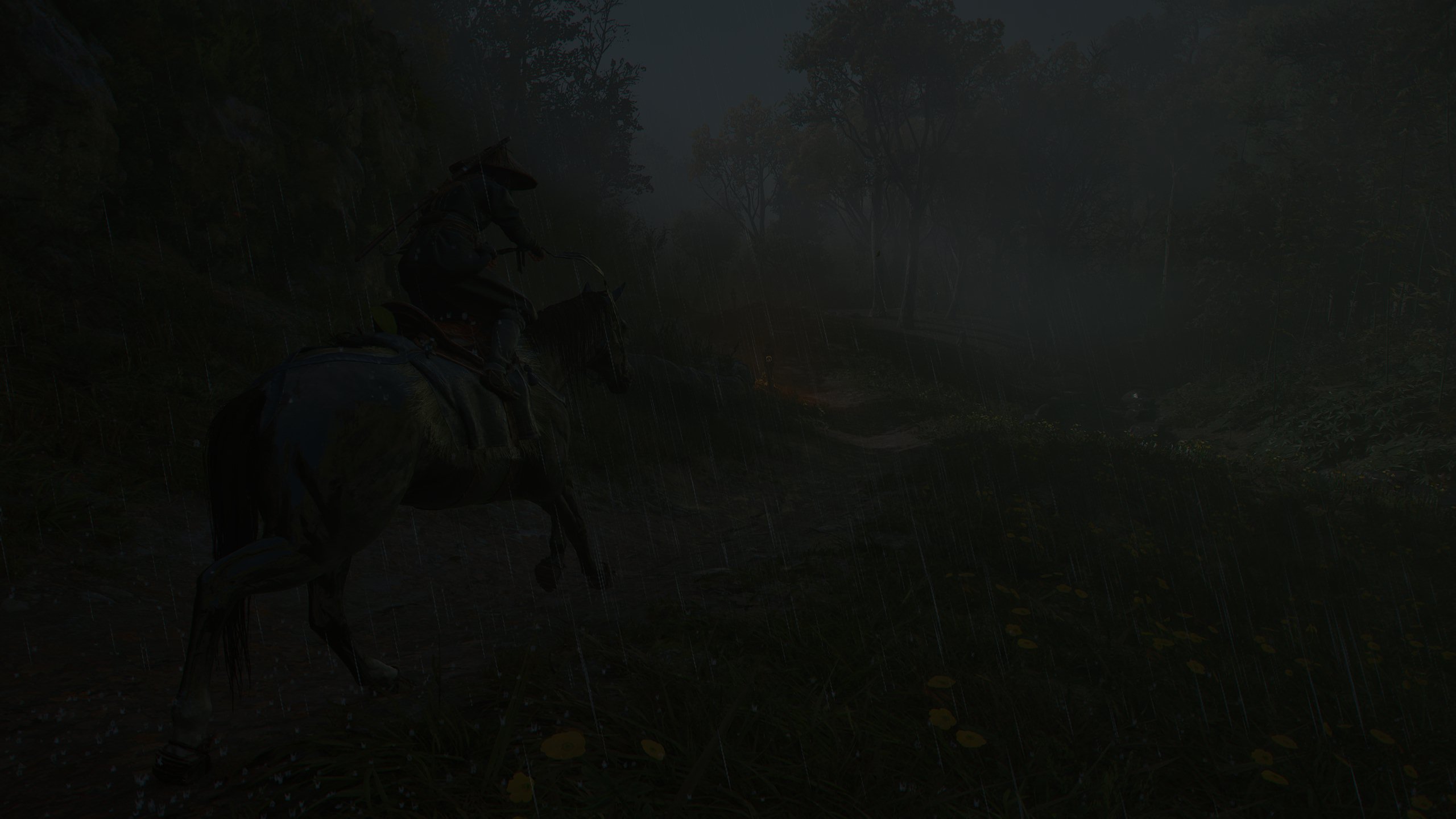 Naoe riding a horse through a thunderstorm in a very dark nighttime screenshot from Assassin’s Creed Shadows
