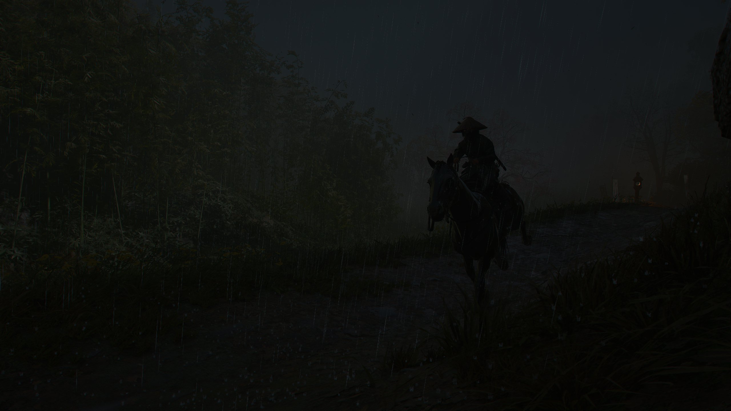 Naoe wearing a straw hat while riding a horse through a thunderstorm in a very dark nighttime screenshot from Assassin’s Creed Shadows