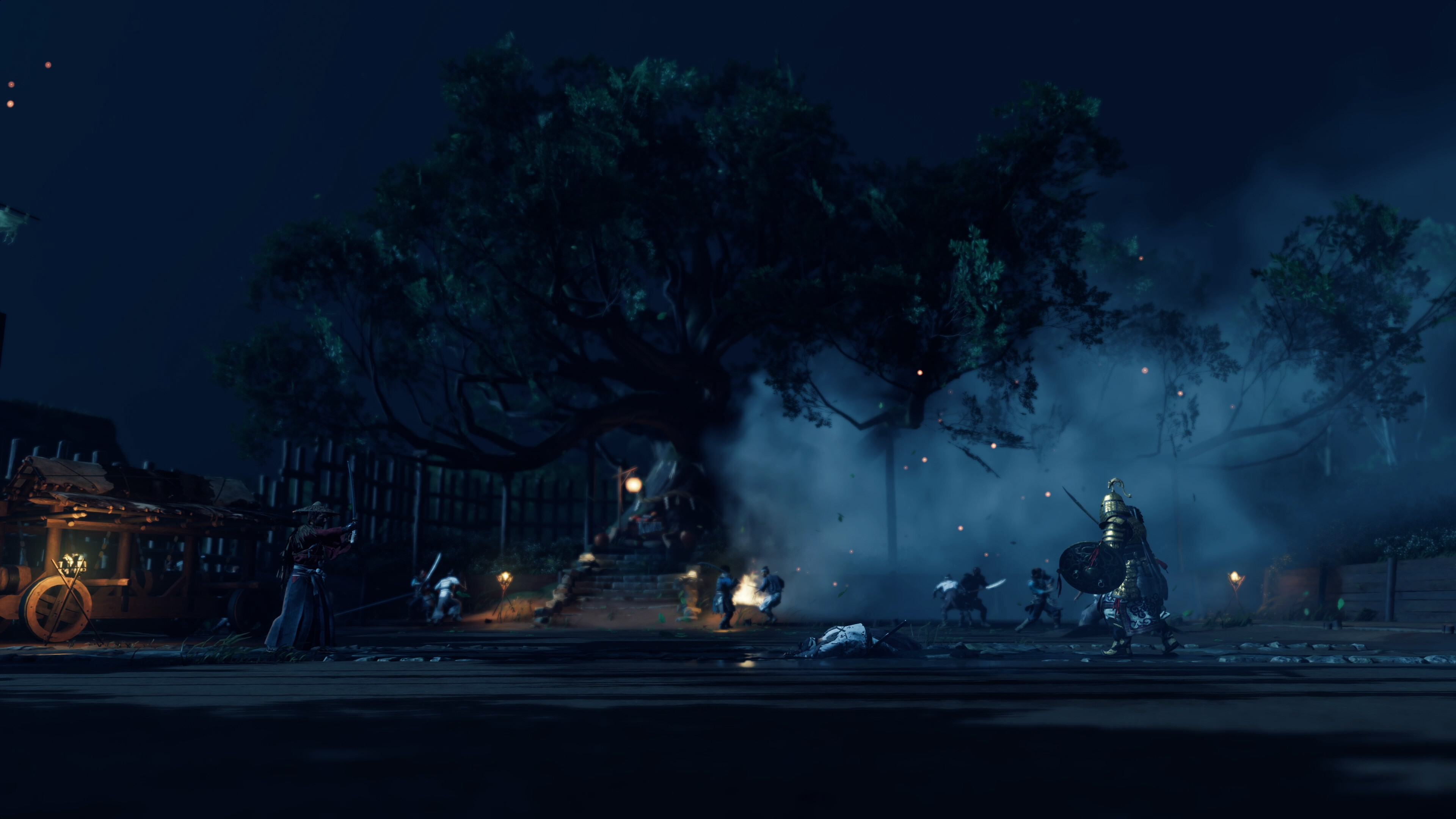 a profile shot of a nighttime duel between Jin Sakai and a Mongol soldier in Ghost of Tsushima