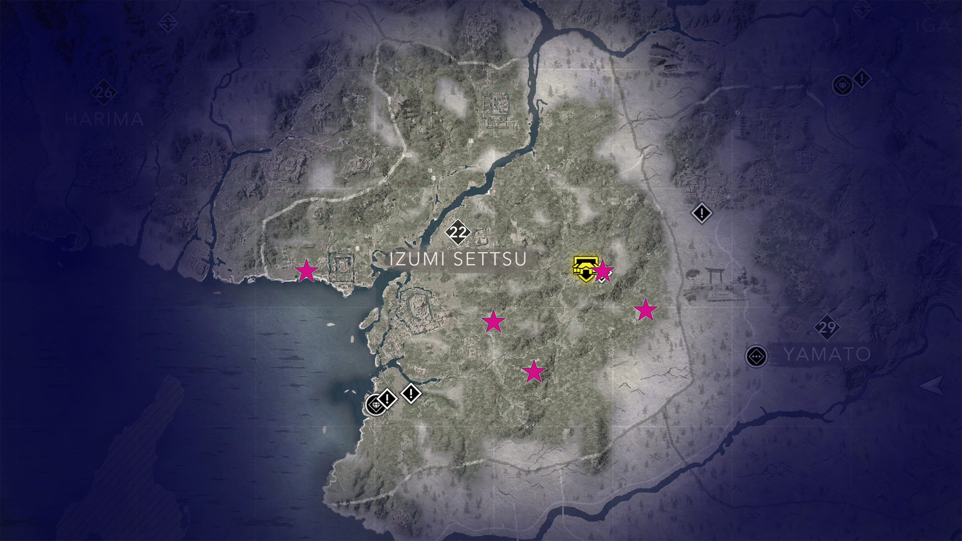 A map shows all Kuji-kiri locations in Izumi Settsu in AC Shadows