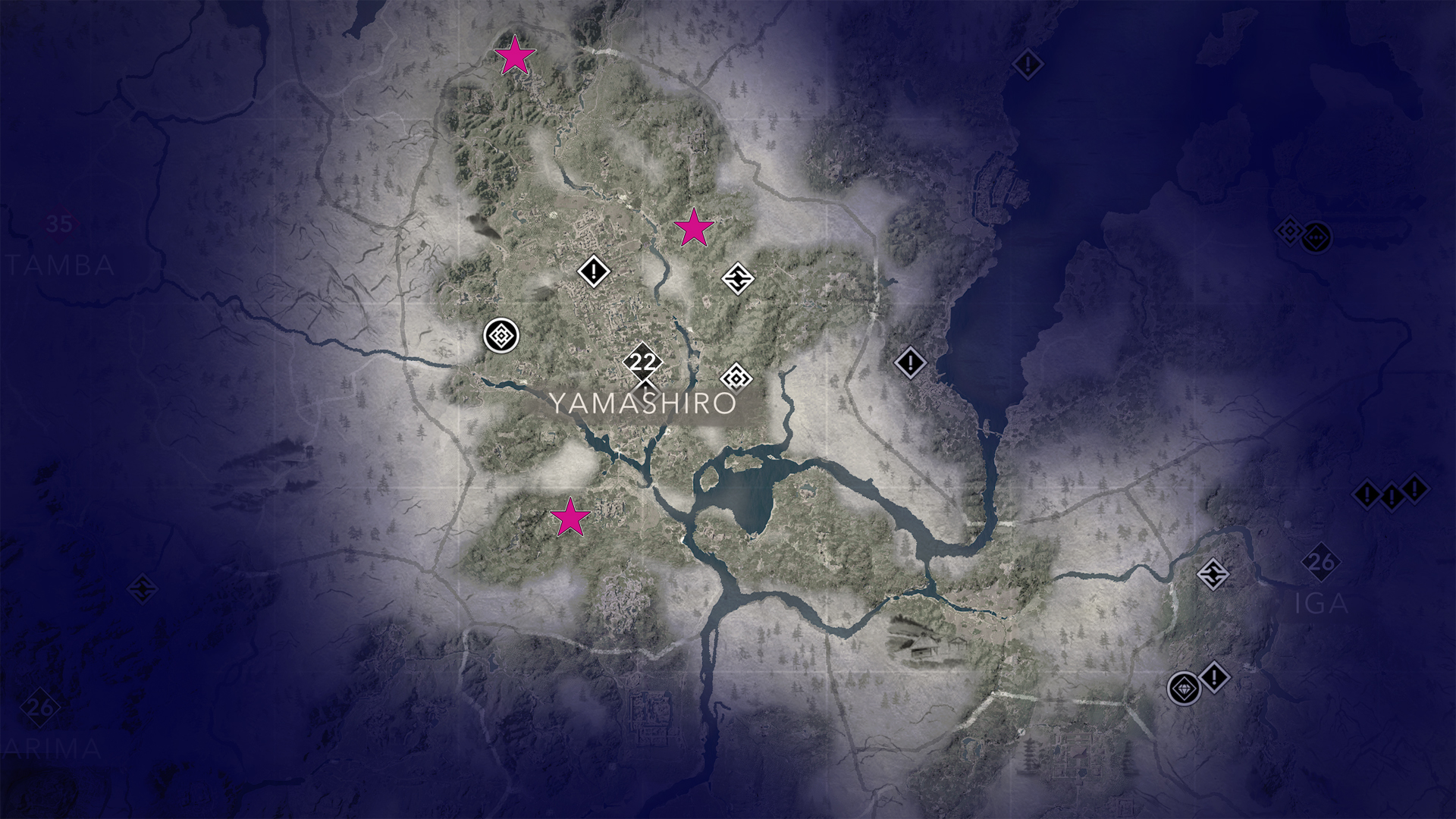 A map shows all Yamashiro kuji-kiri locations in AC Shadows