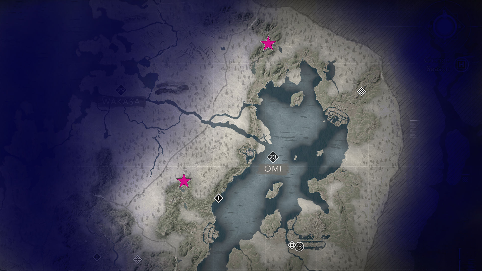 A map shows all Omi kuji-kiri locations in AC Shadows