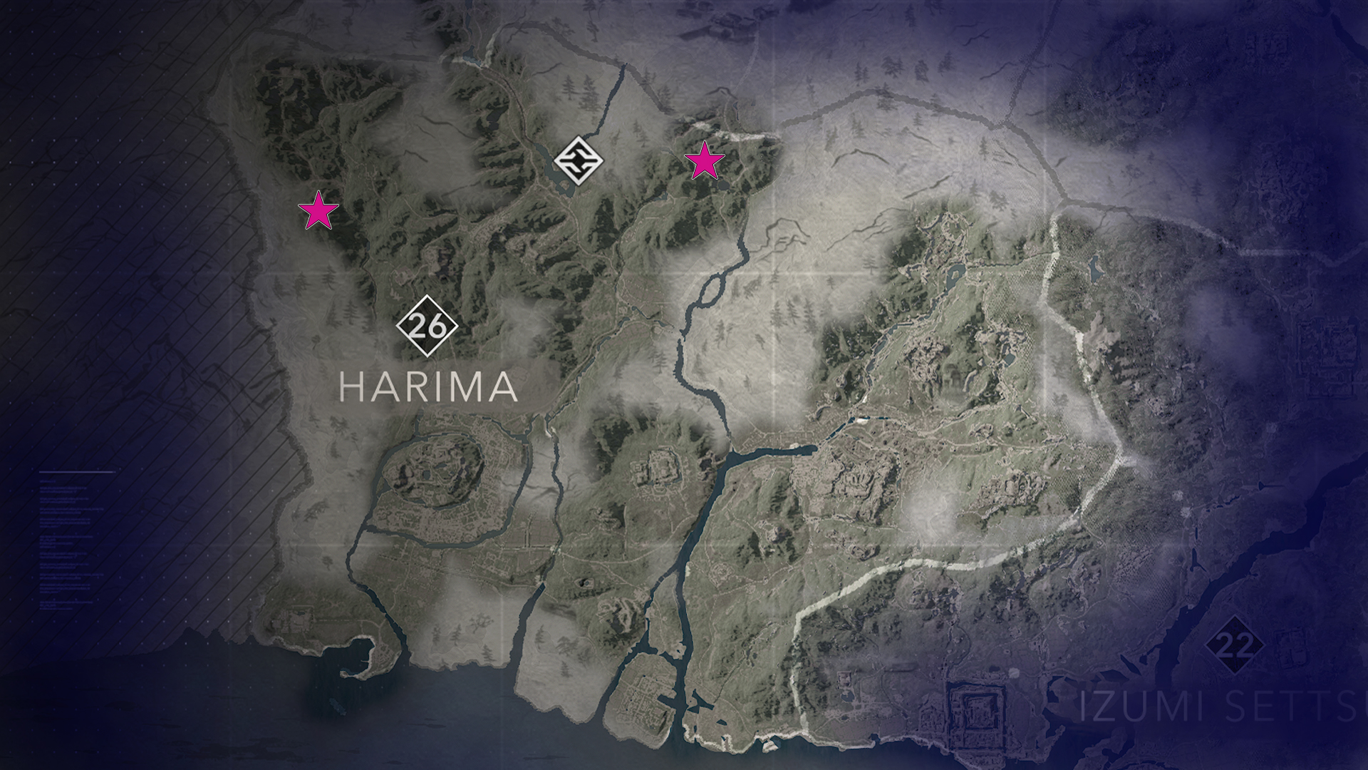 A map shows all Harima Kuji-kiri locations in AC Shadows
