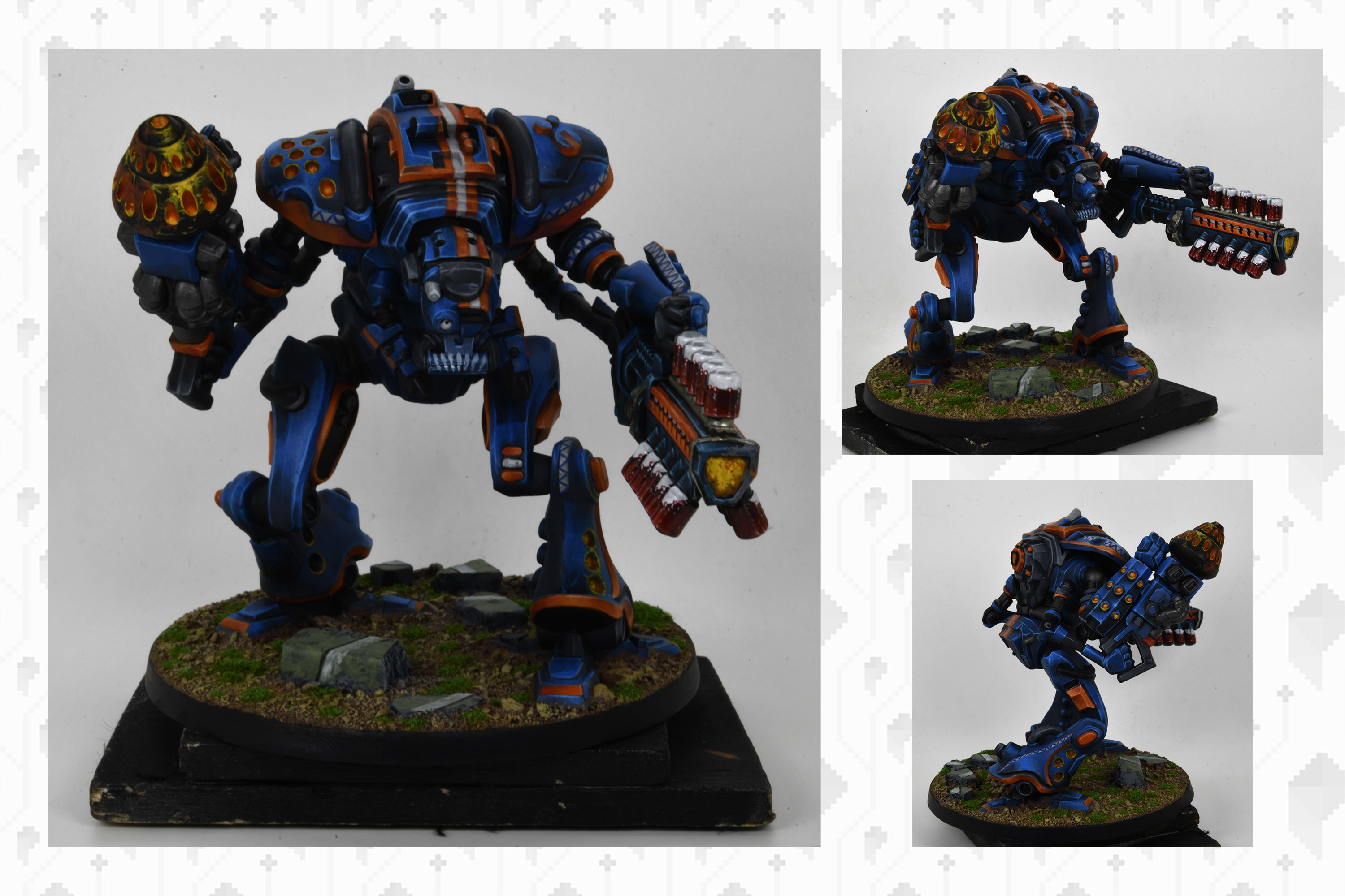 A large, blue mech with an industrial weapon of some kind.