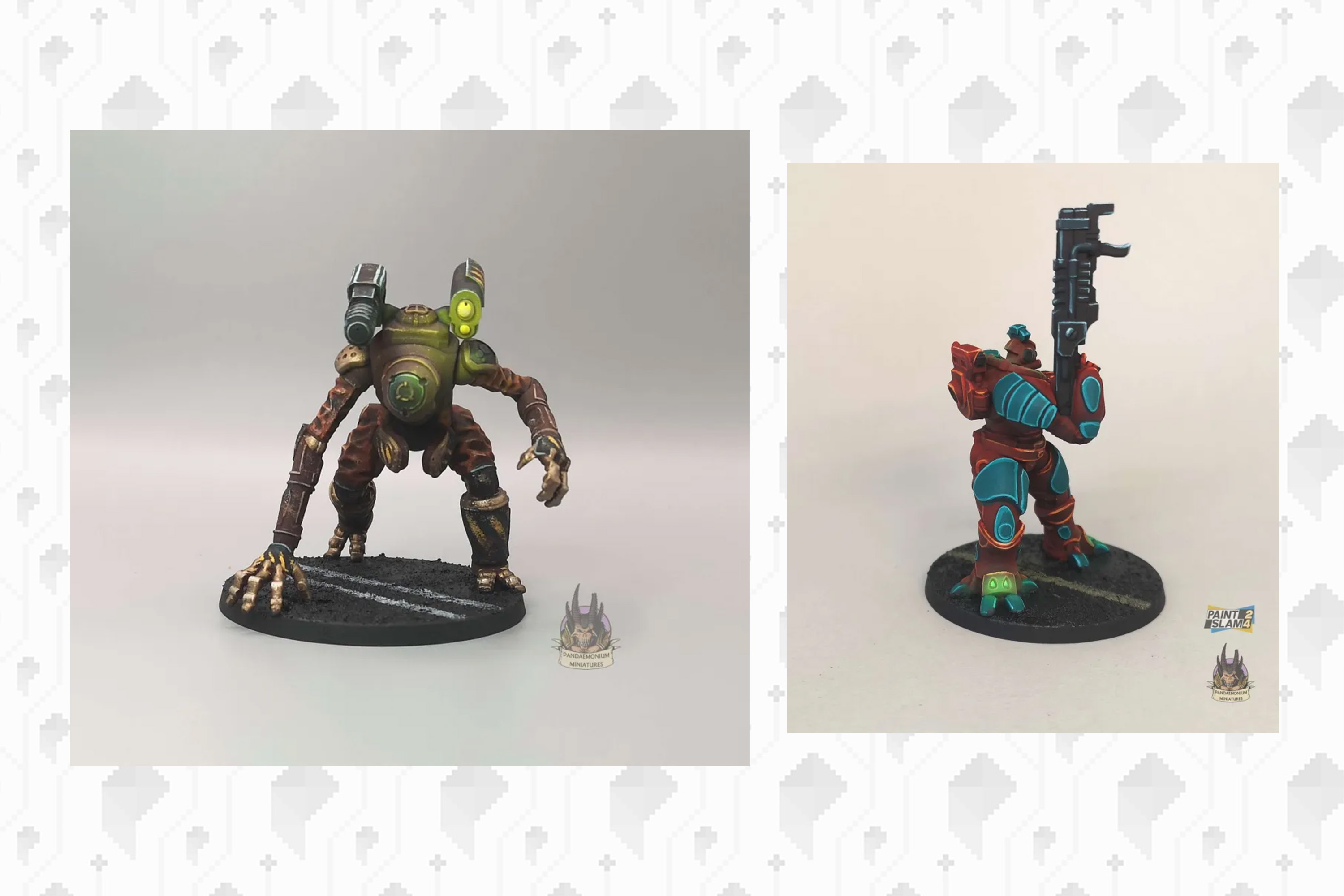 A long-armed mech and a soldier with a large gun.