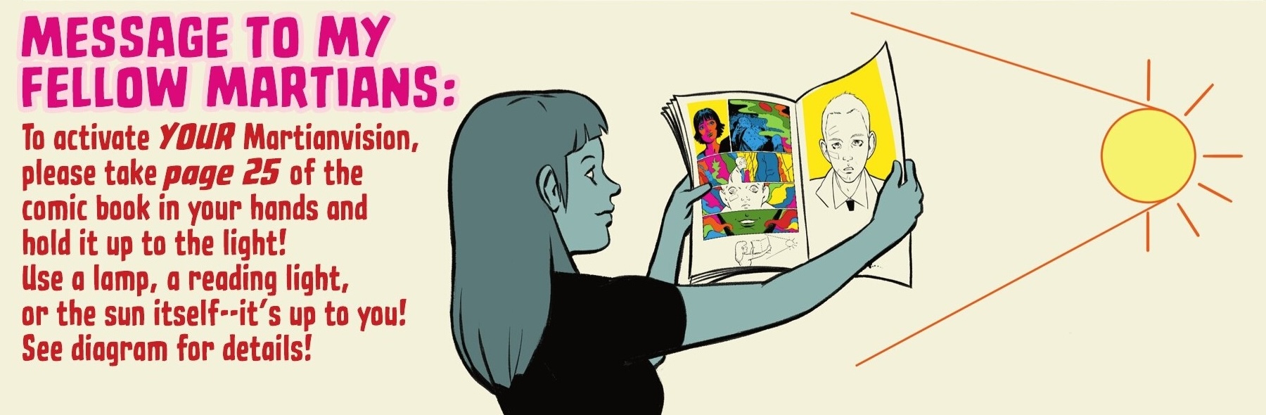A diagram of how to view the final combined page of Absolute Martian Manhunter #1 by holding it up to the light, titled “Message to my fellow Martians:” with instructions on how to activate your “Martianvision,” in Absolute Martian Manhunter #1.