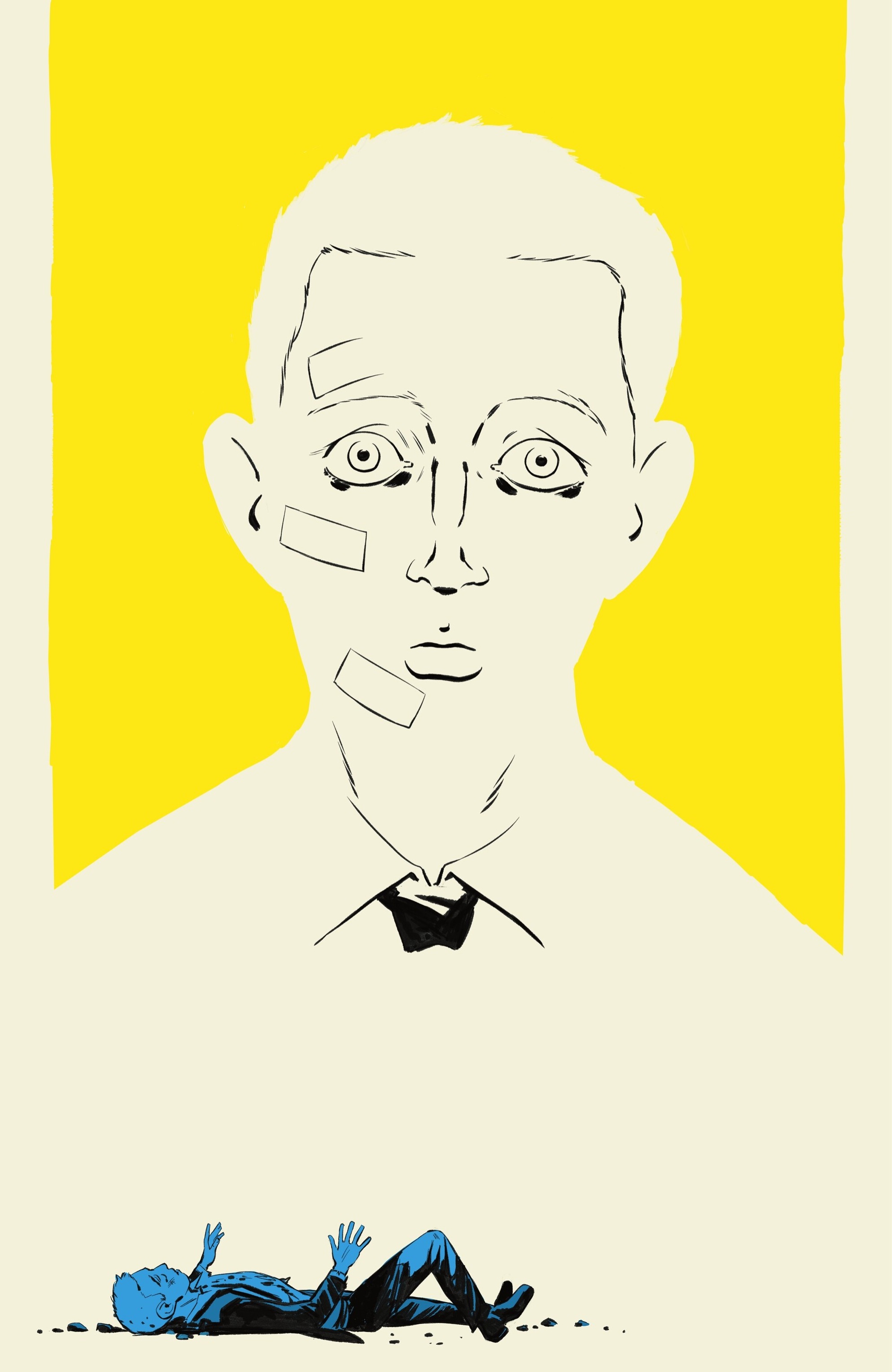 John Jones looks blankly at the reader, outlined in bright yellow. Below him lies a panel of himself, supine in rubble, in bright blue. There’s lots of empty space in the page.