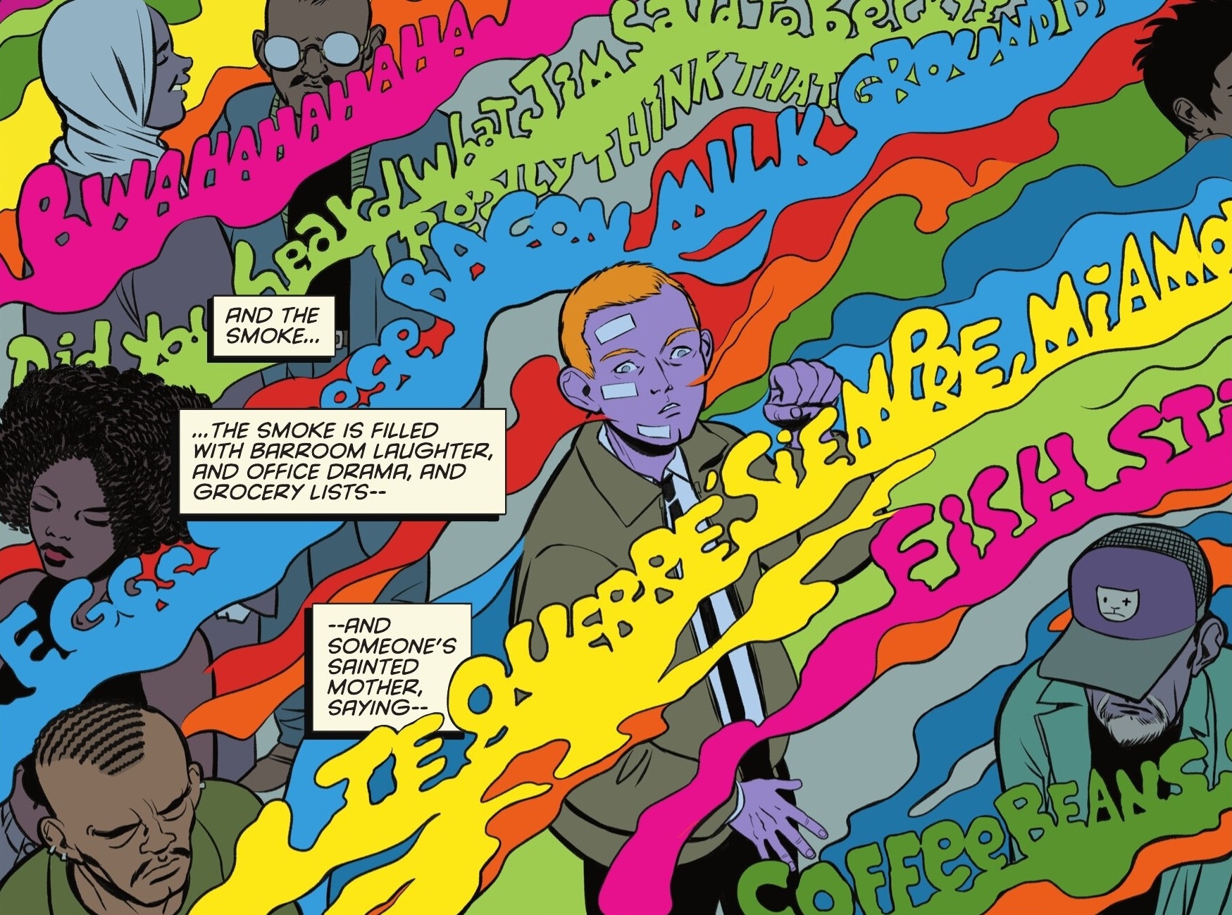 John Jones, his face bandaged, wanders as if lost through clouds of colored smoke that spell out the thoughts of the people around him, laughter and gossip and grocery lists and expressions of love, in Absolute Martian Manhunter #1.
