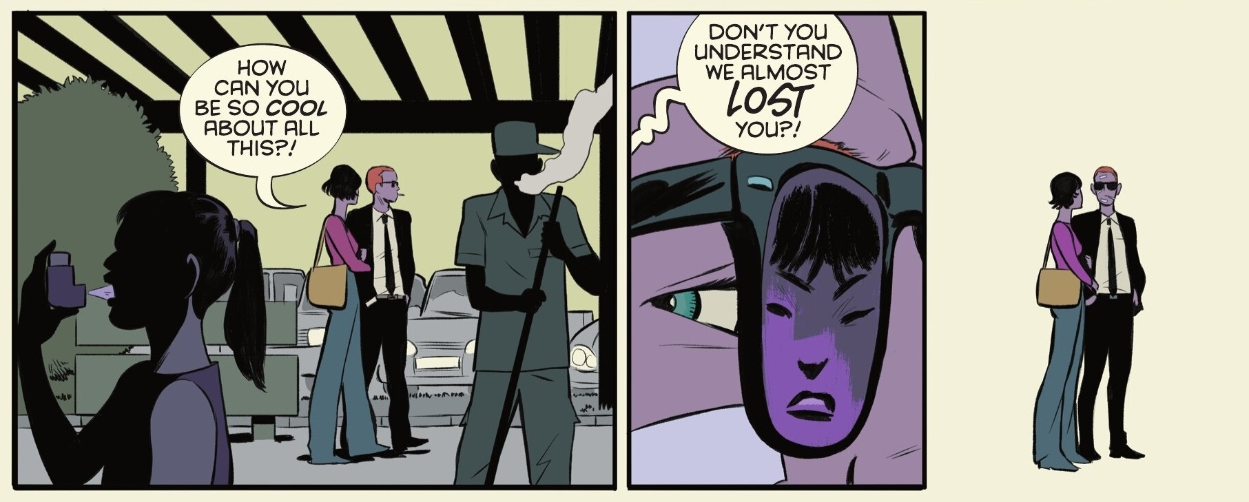 “How can you be so cool about all this?” asks John Jones’ wife. “Don’t you understand we almost lost you?!” Her disapproving face is seen in the reflection of his sunglasses, in Absolute Martian Manhunter #1.