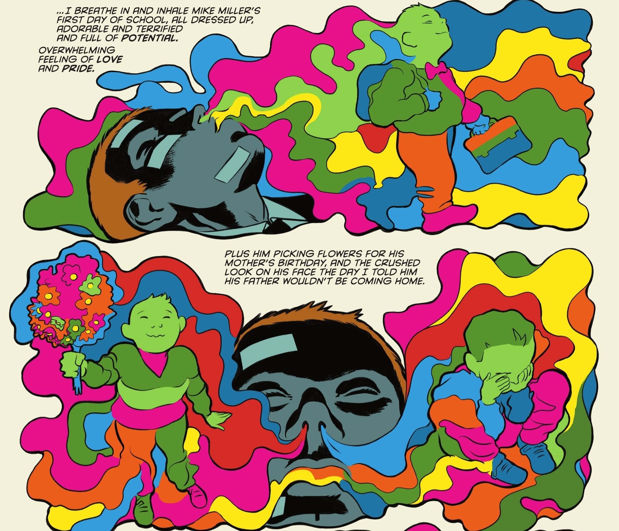 John Jones inhales streams of colored smoke through his mouth and nostrils, receiving visions of a little boy’s life from a mother’s perspective, all formed from the wildly colored, billowing gaseous shapes in Absolute Martian Manhunter #1.
