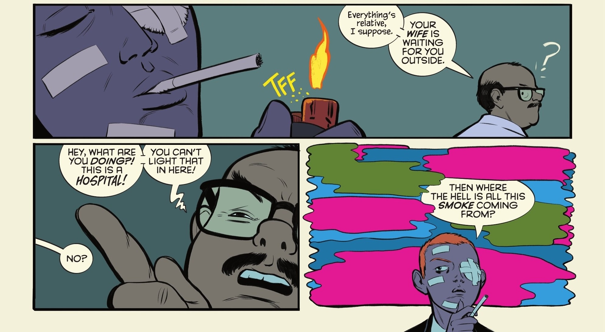 A heavily bandaged John Jones lights a cigarette, only for a doctor to tell him that he’s in a hospital, he can’t light a cigarette in here. “Then where the hell is all this smoke coming from?” John asks testily, in a panel where he is suddenly surrounded by colored smoke in Absolute Martian Manhunter #1.