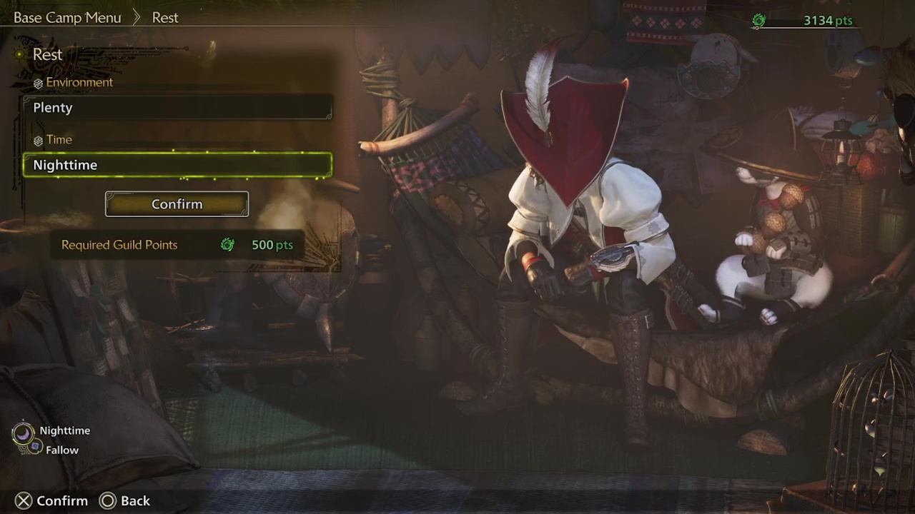 An image of the rest menu options in Monster Hunter Wilds. 