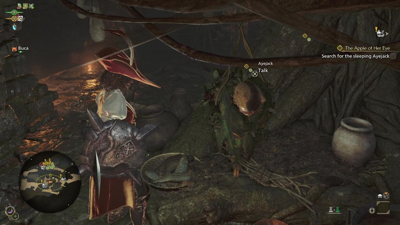 An image of showing Ayejack’s sleeping location in Monster Hunter Wilds. It’s hanging from the ceiling.