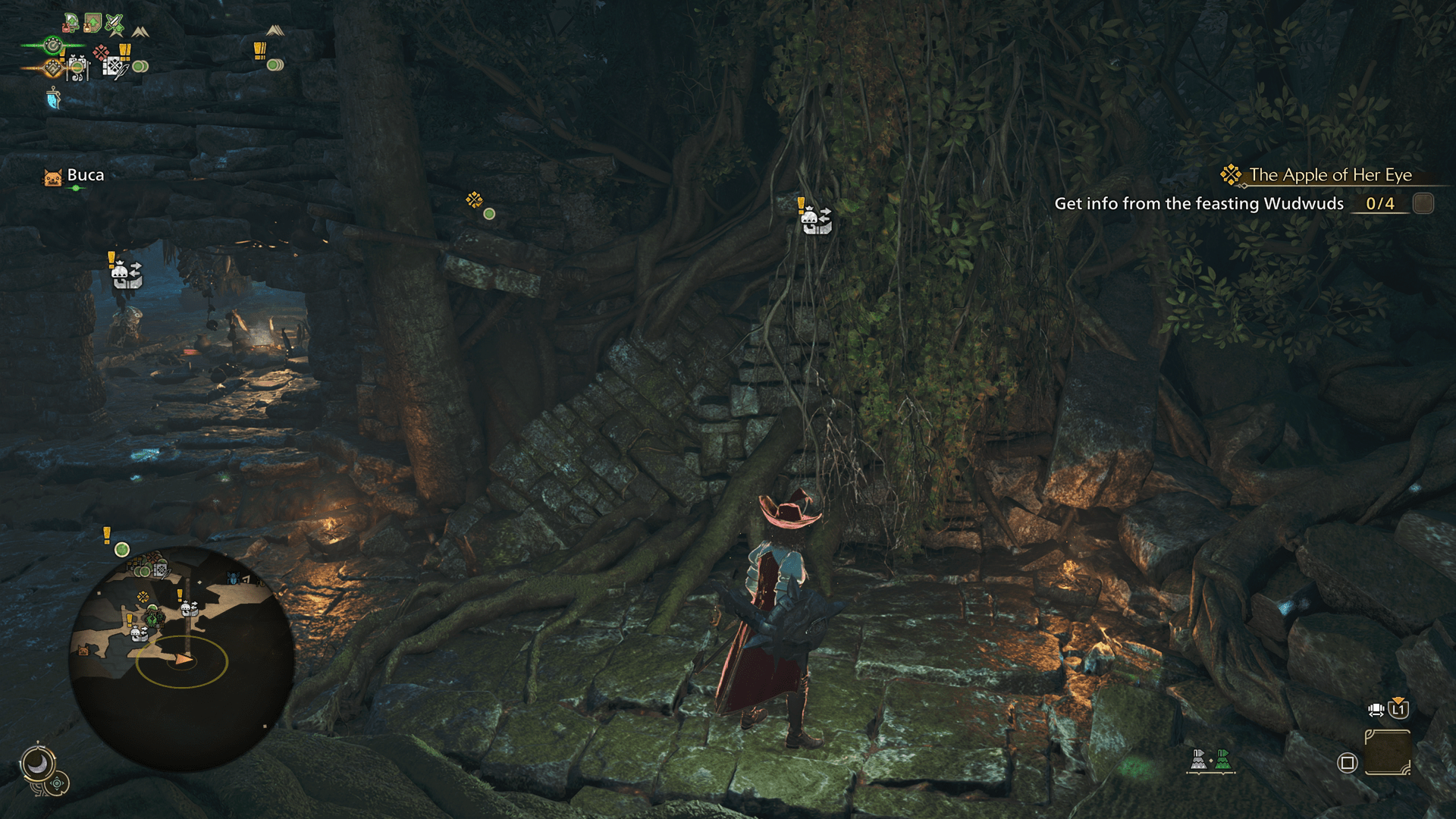 An image showing the vines in the Wudwud hideout in Monster Hunter Wilds. 