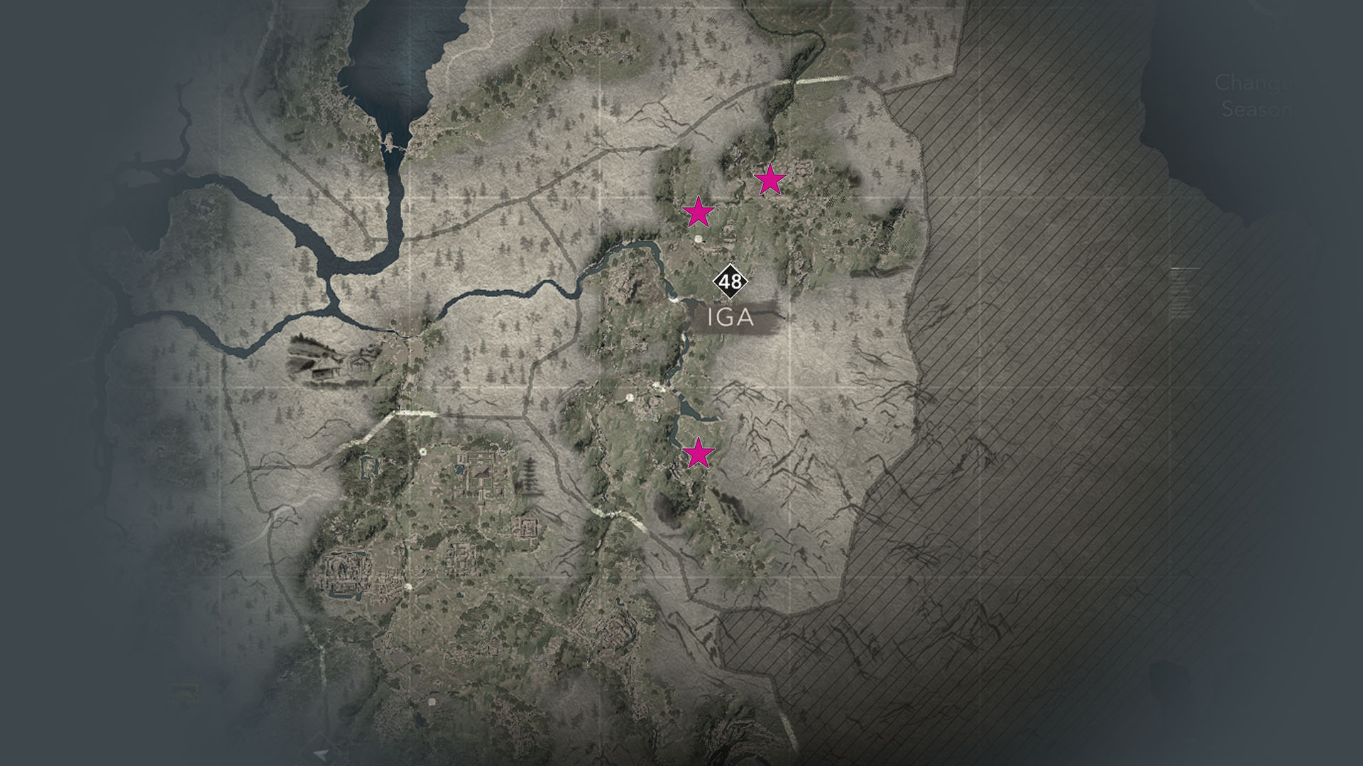 A map shows Iga Jizo Statue locations in AC Shadows