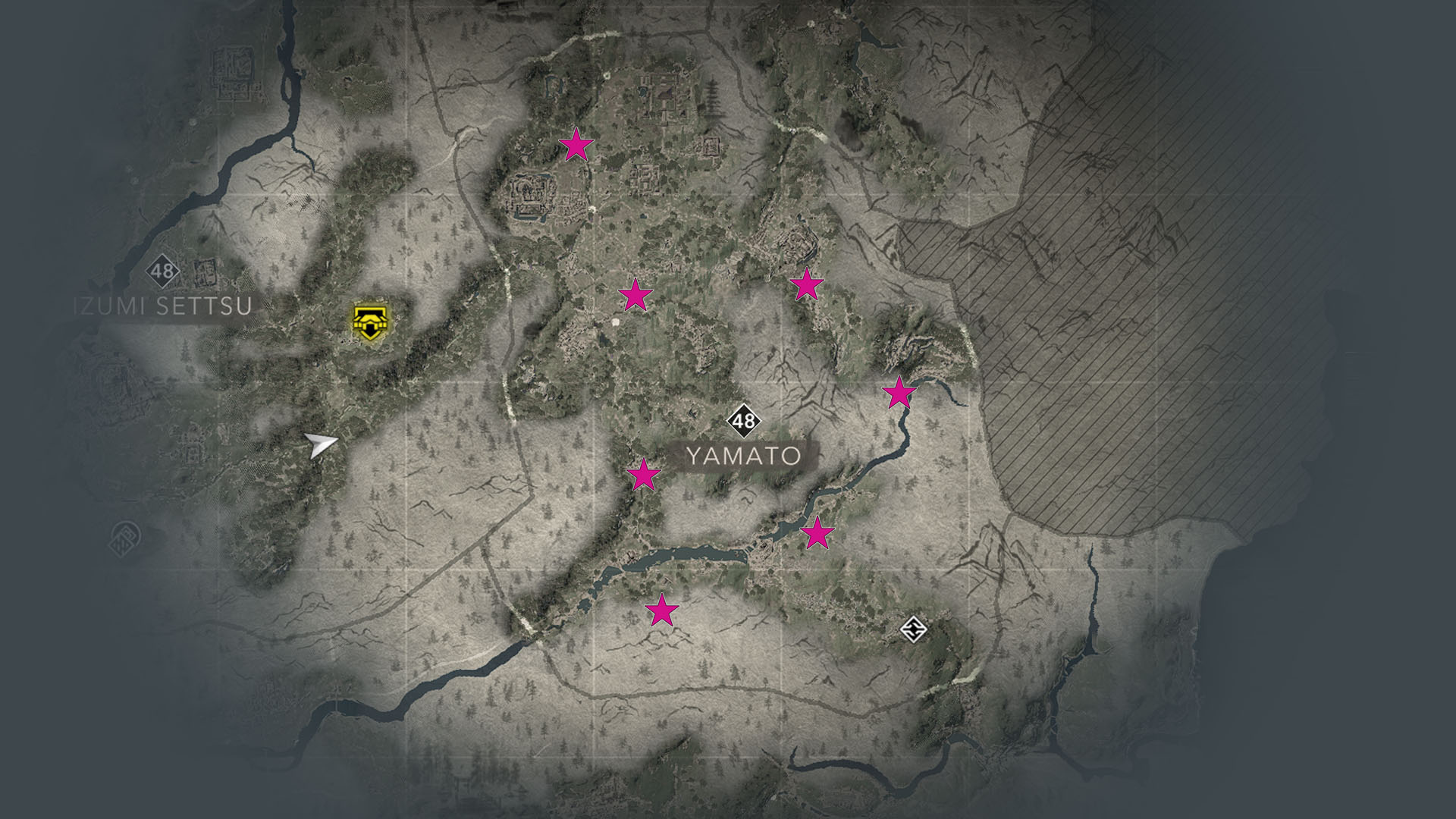 A map shows Yamato Jizo Statue locations in AC Shadows