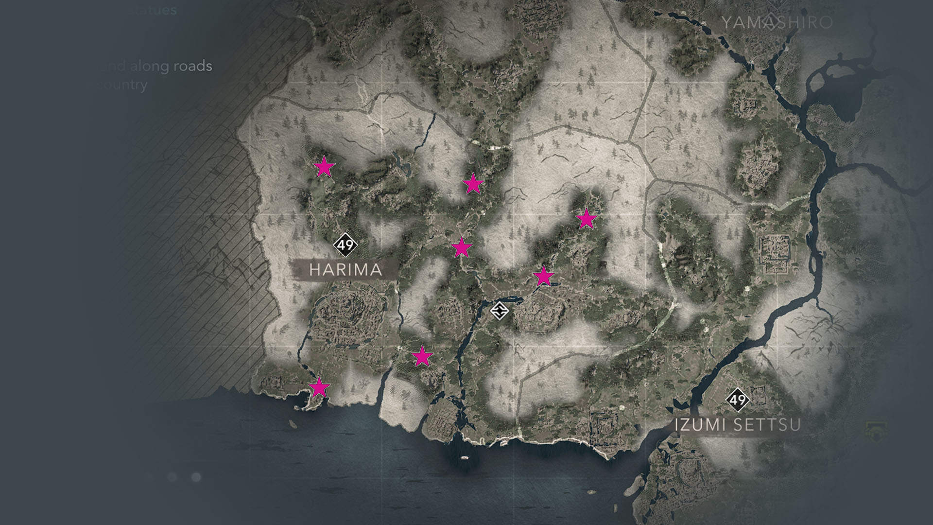 A map shows Harima Jizo Statues in AC Shadows