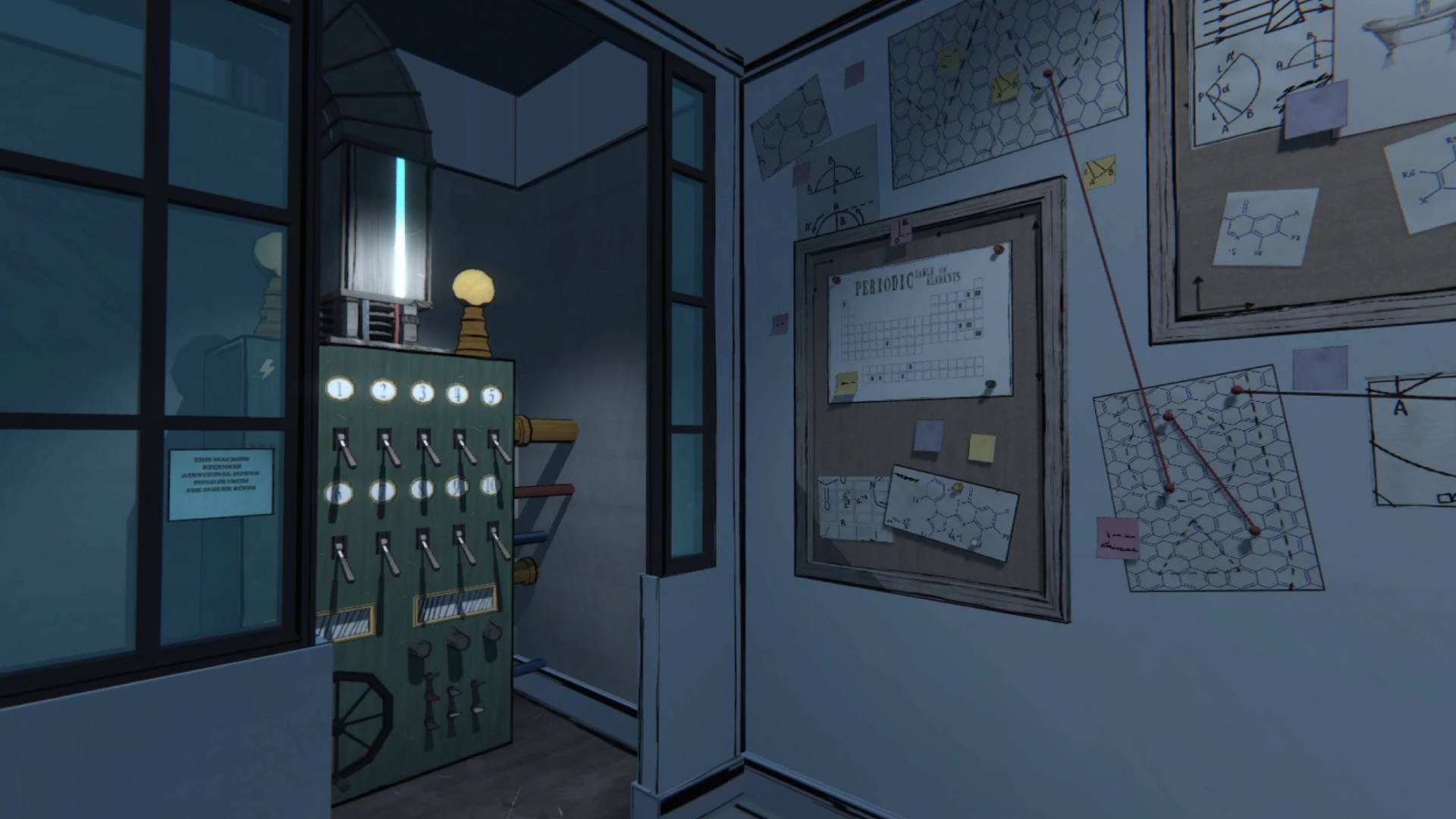 The machine and periodic table puzzles found in the Laboratory in Blue Prince.