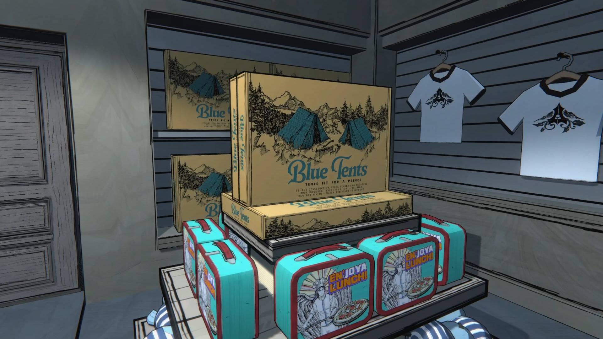 Blue Tents box found in the Mt Holly Gift Shop in Blue Prince.