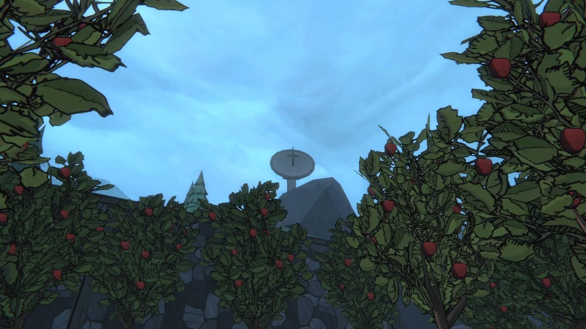 The Satellite Dish looms over the orchard in Blue Prince