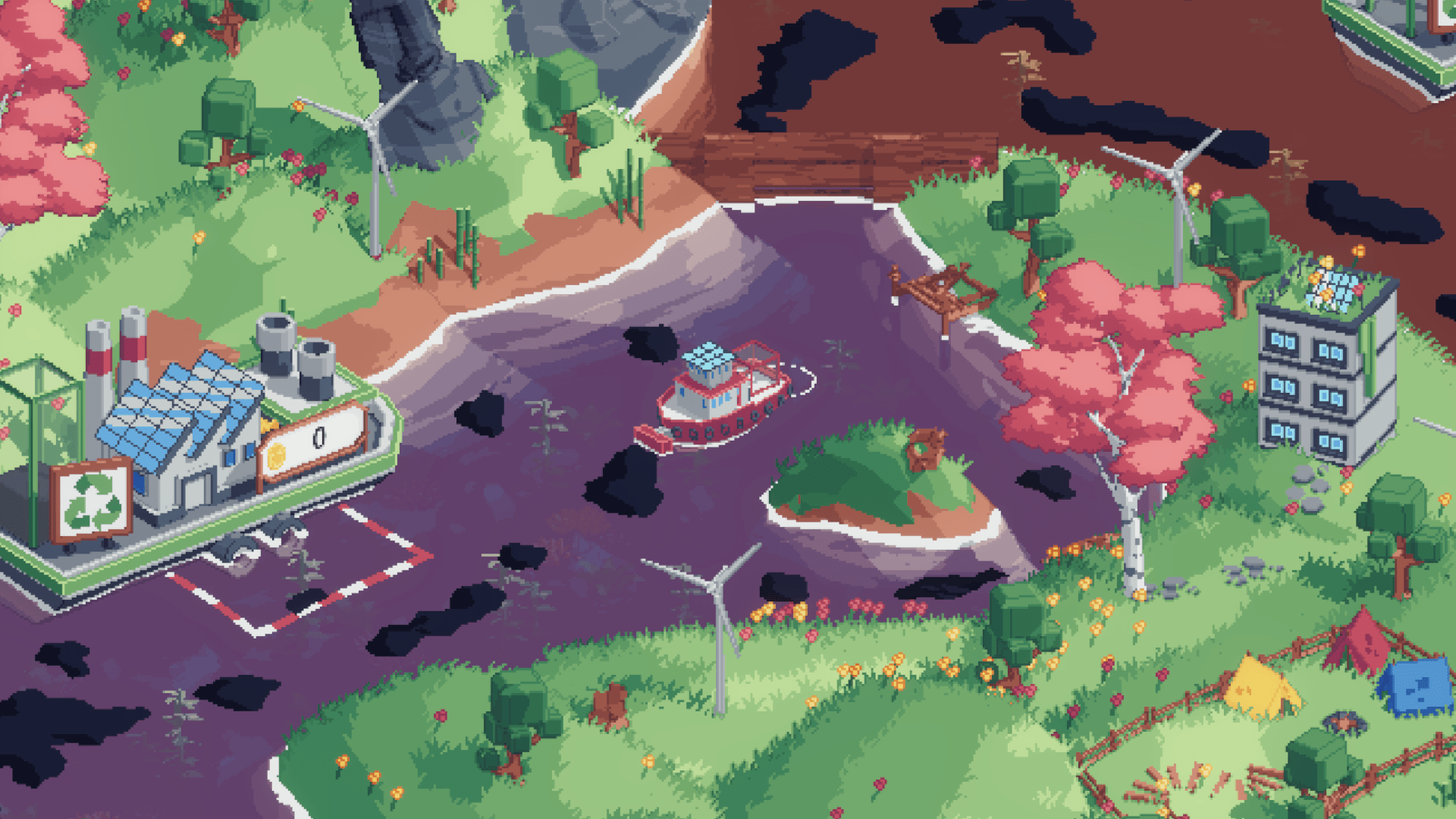 A 32-bit game with a boat that can clean up oil spills from a body of water