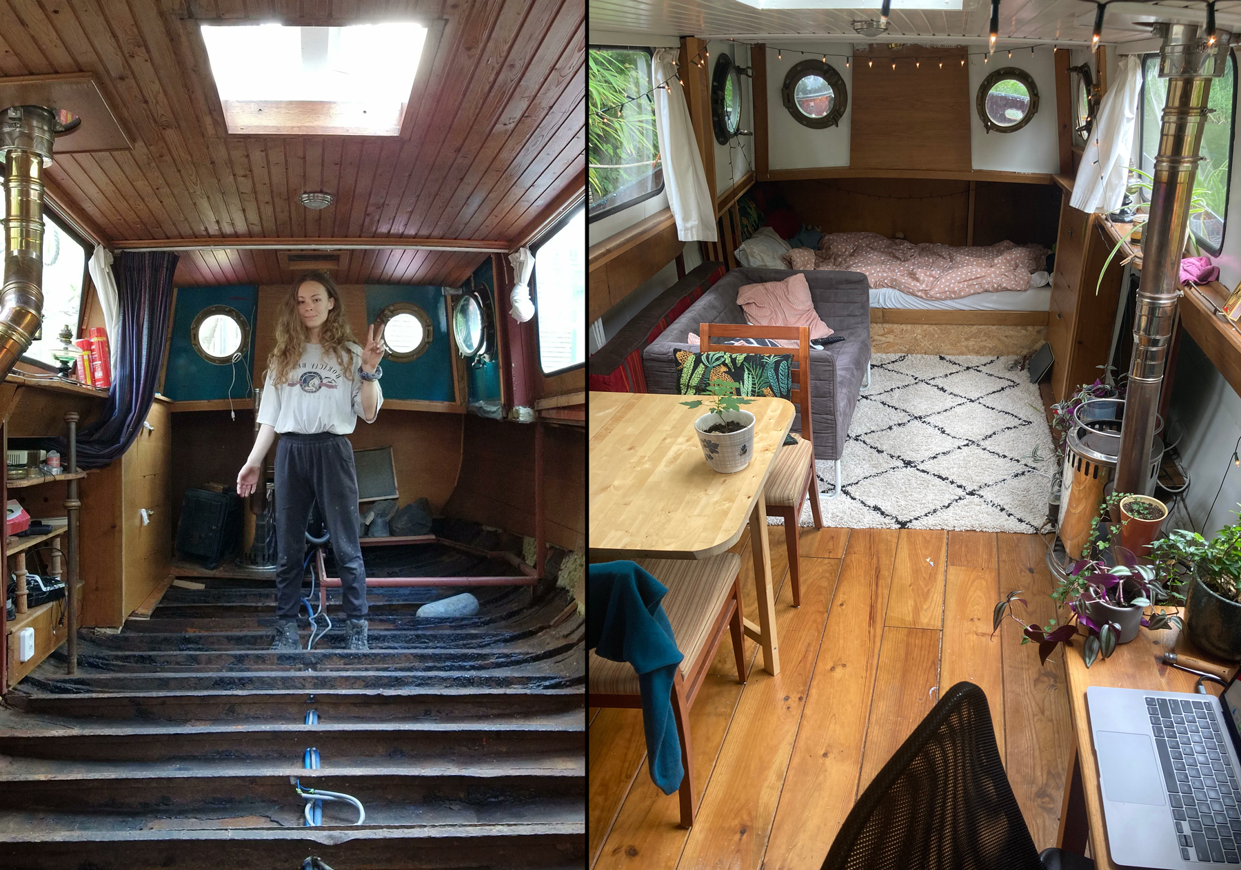 Lente stands in her house boat under construction on the left. On the right, it’s fit with furniture and a fireplace.