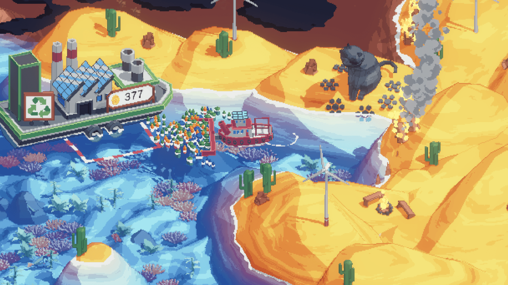 A reef with a tugboat collecting trash in the water