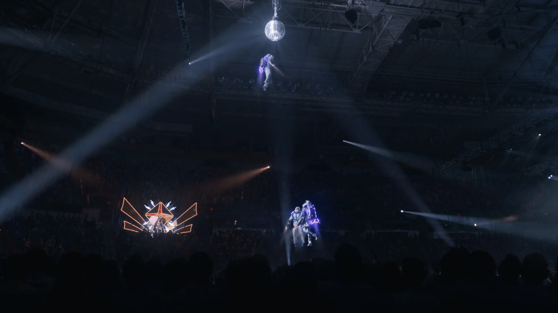 In the Righteous Gemstones, three people float with jet packs, with one much higher than the rest, in a mega church