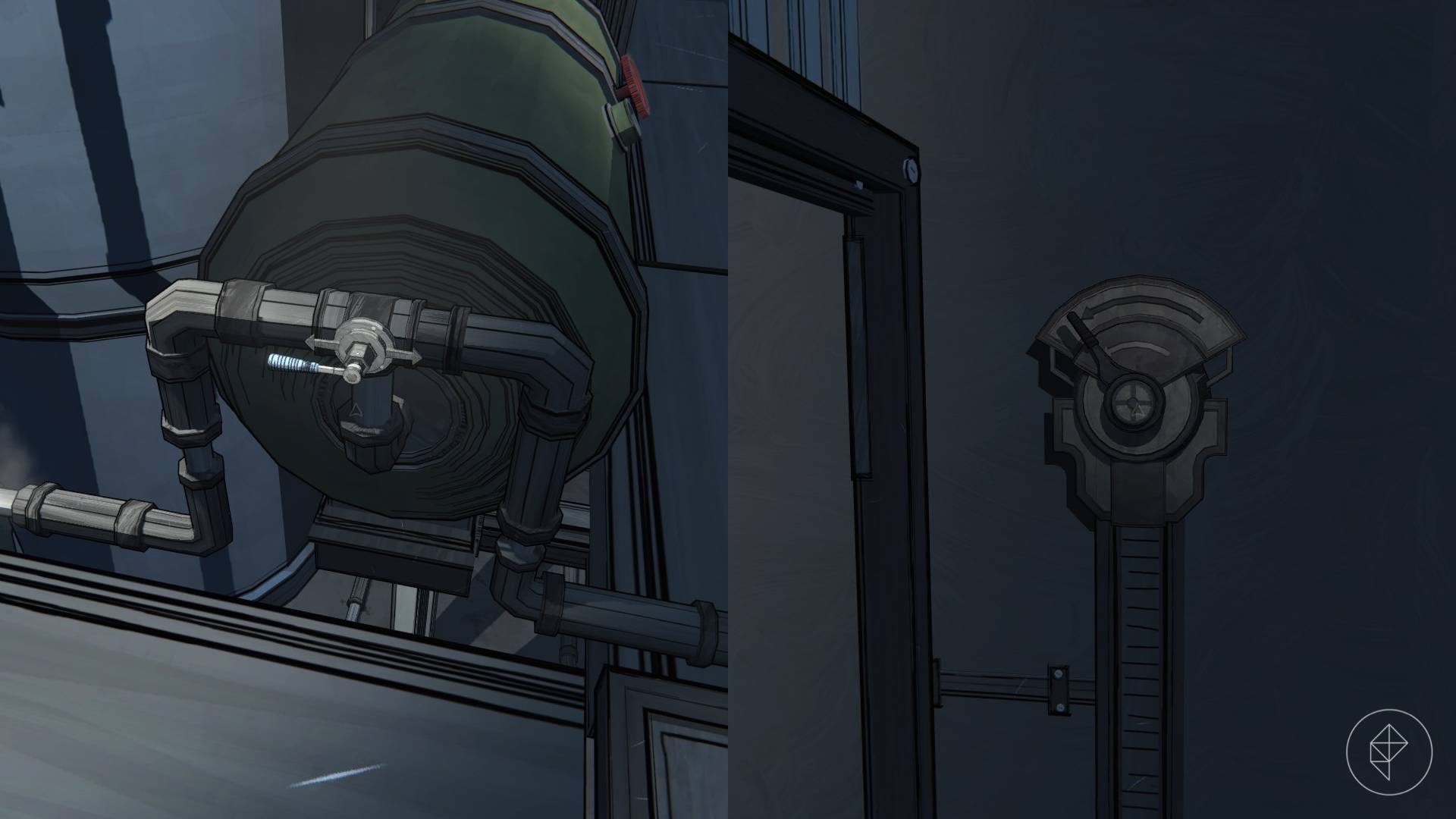 A small hand lever attached to a green tank and a lever opening a door in the Boiler Room in Blue Prince.