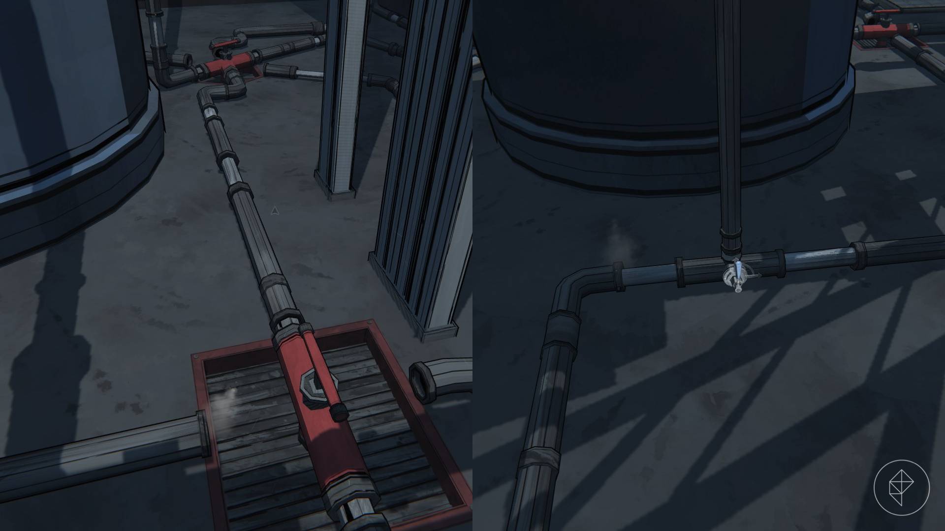 Rotatable red pipes and a small blue hand lever found on the lower floor of the Boiler Room in Blue Prince.