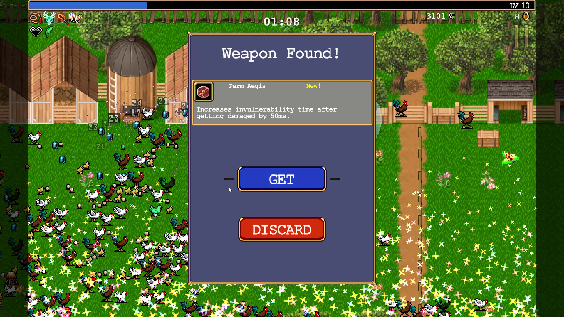 A player finds and picks up the Parm Aegis in Vampire Survivors
