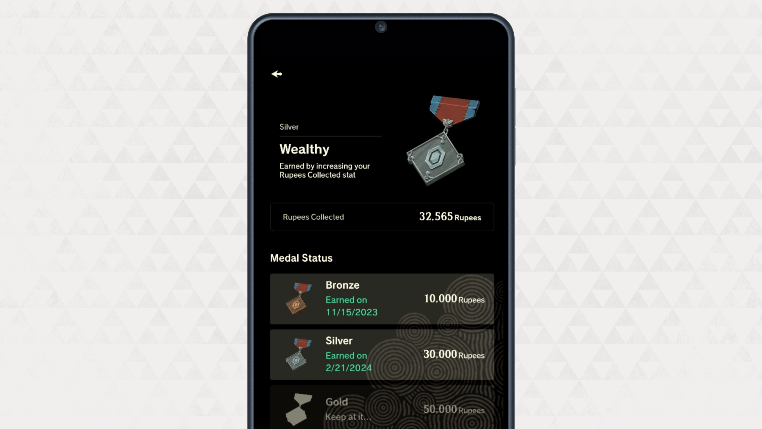 A phone screen shows the Wealthy silver medal for collecting rupees in the Zelda Notes app
