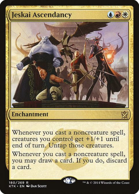 Jeskai Ascendancy is an enchantment with blue, red, and white mana required. It has several powers, including the ability to draw more cards.