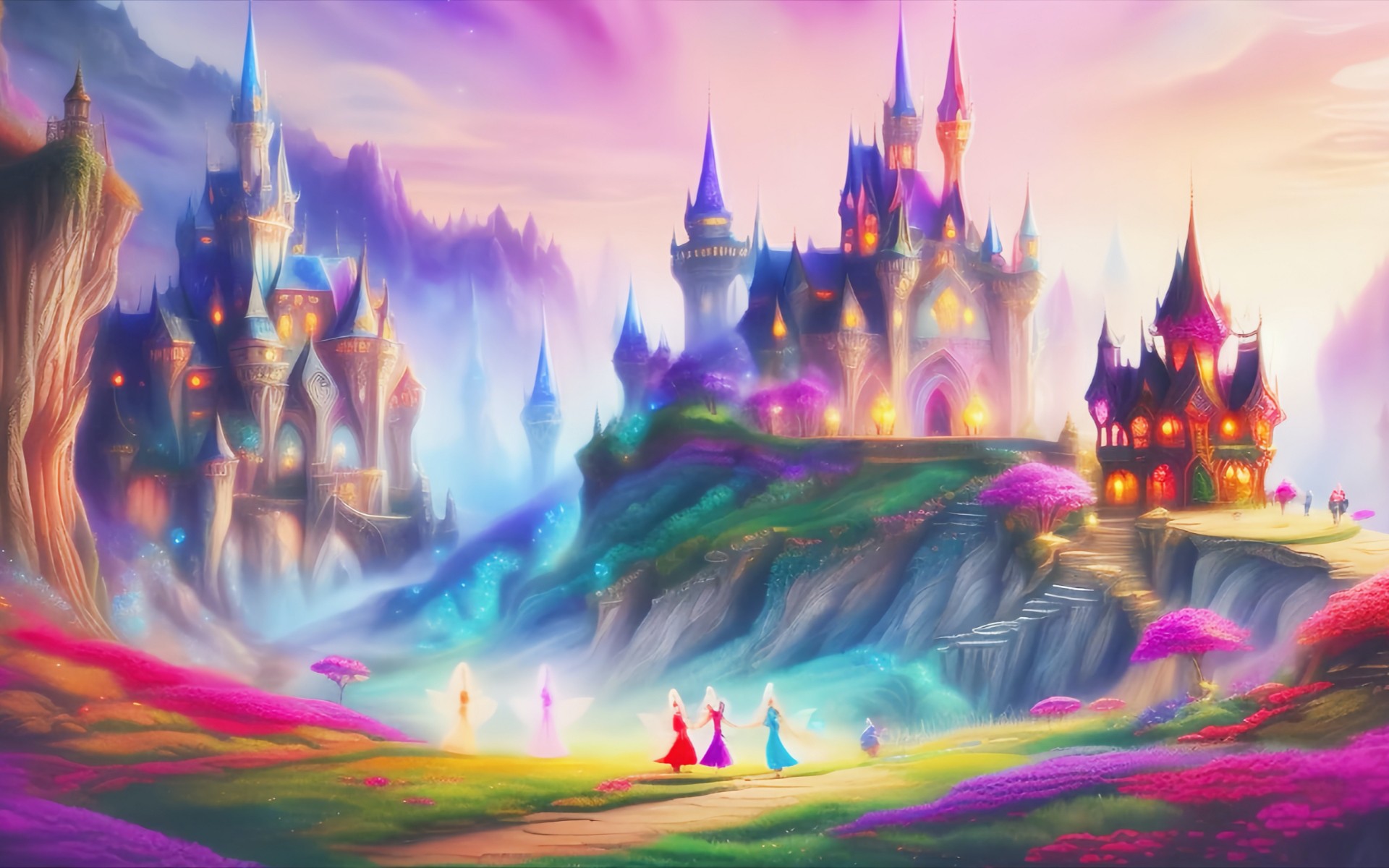 A gauzy, rainbow-hued landscape dotted with rainbow castles, and tiny figures below, from the AI-generated movie What’s Next?