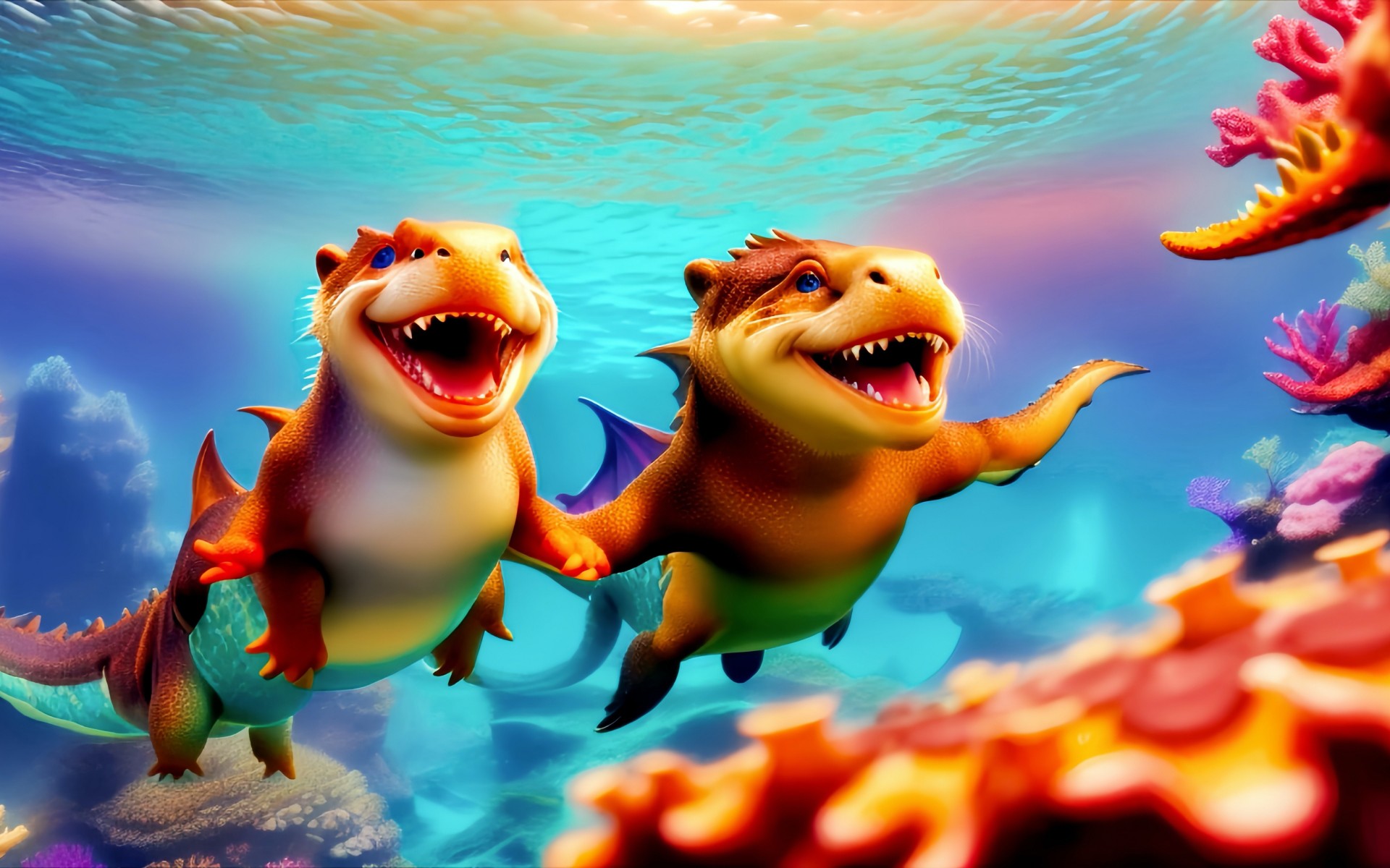Two brightly colored creatures with features of hippos and otters, with fins, tentacles, extra arms, and mermaid tails, hold hands and swim underwater, mouths open in matching grins, in the AI-generated movie What’s Next?