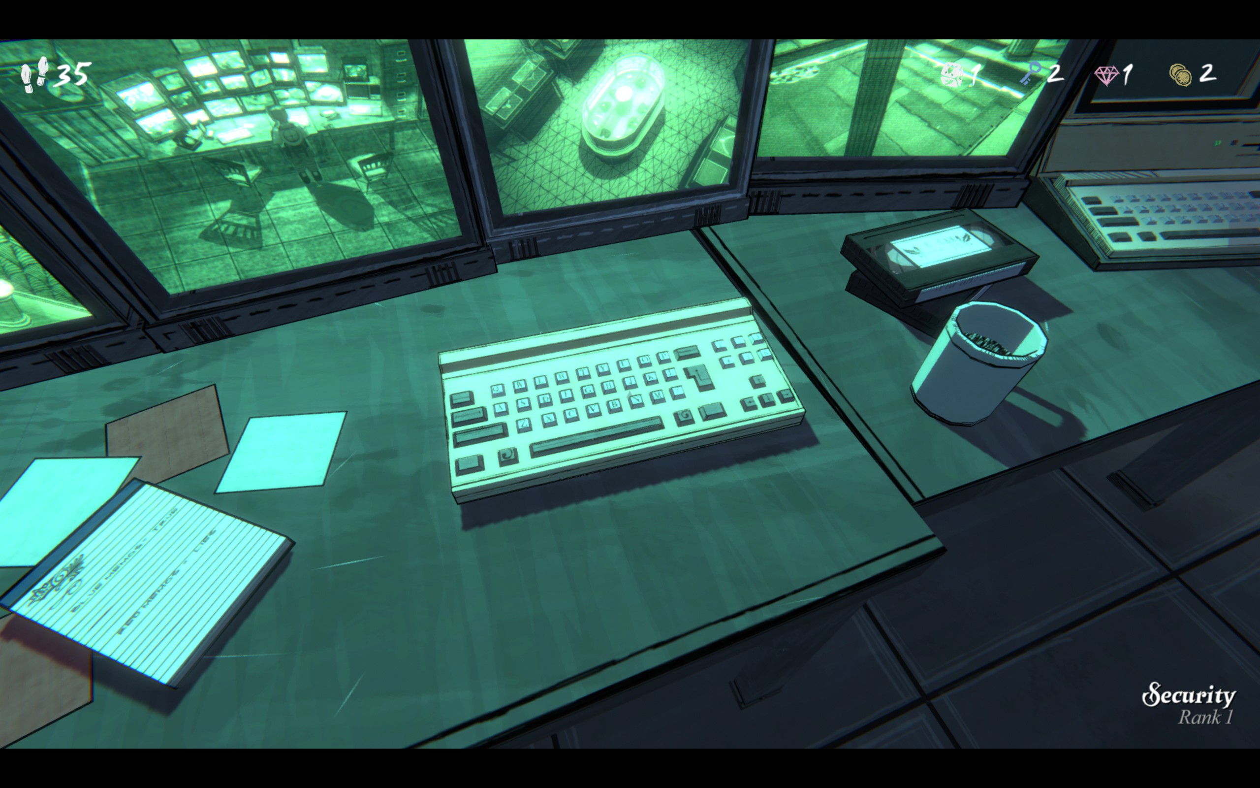 An image of a security desk in Blue Prince. There is a keyboard on it and pieces of paper.