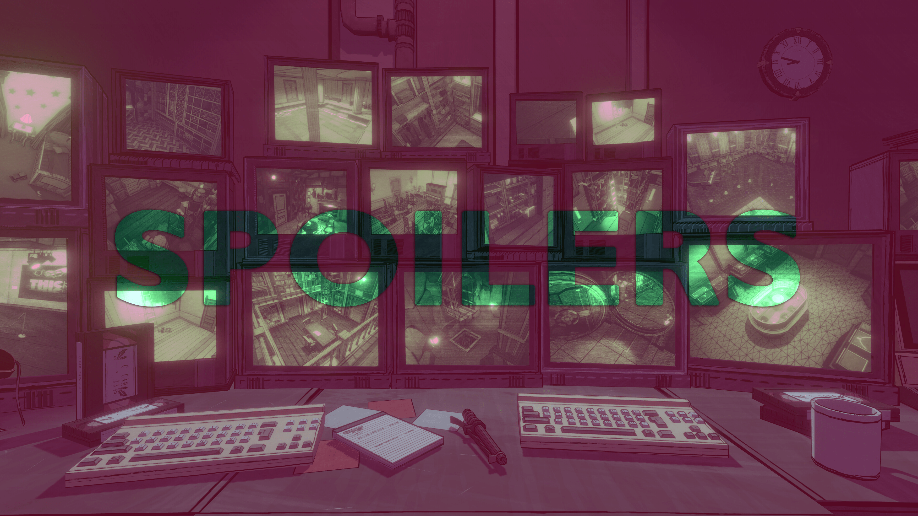 A graphic that has the word “SPOILERS” displayed. The word spoilers is layered over a screenshot of a security monitors in Blue Prince.