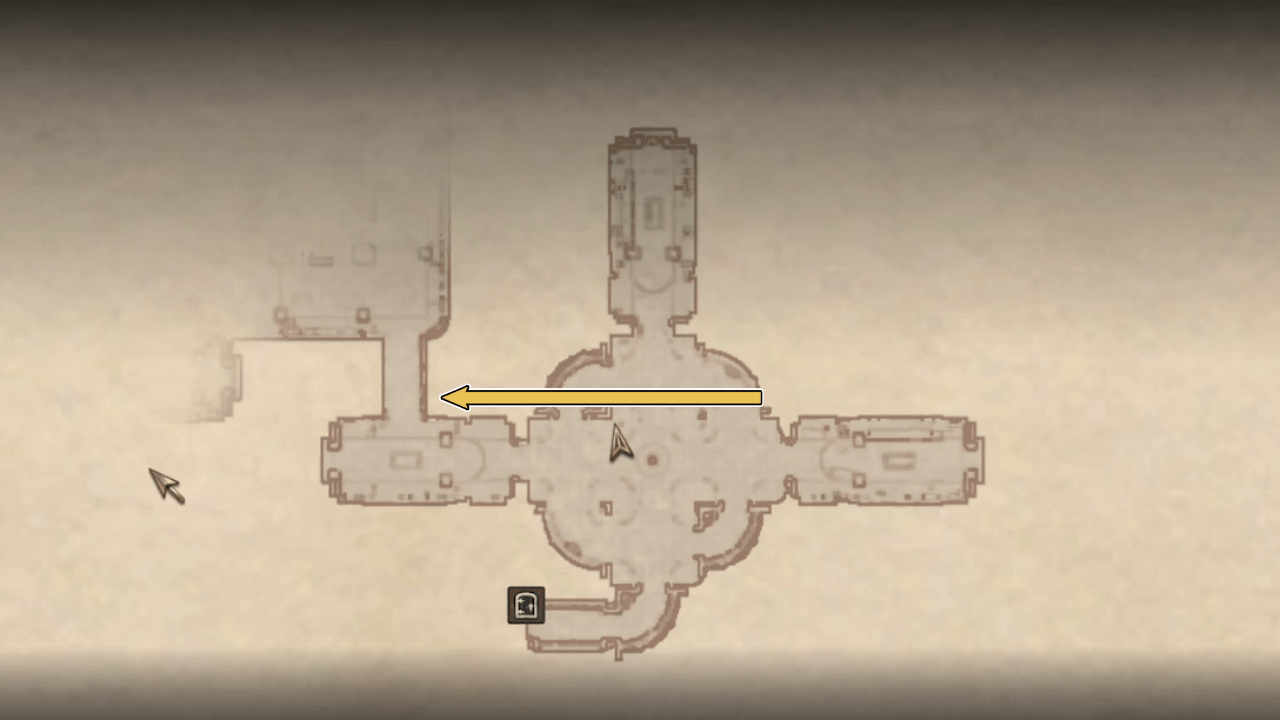 An image of a map in from Vilverin. It shows a room with a path that leads to a western room via a secret door.