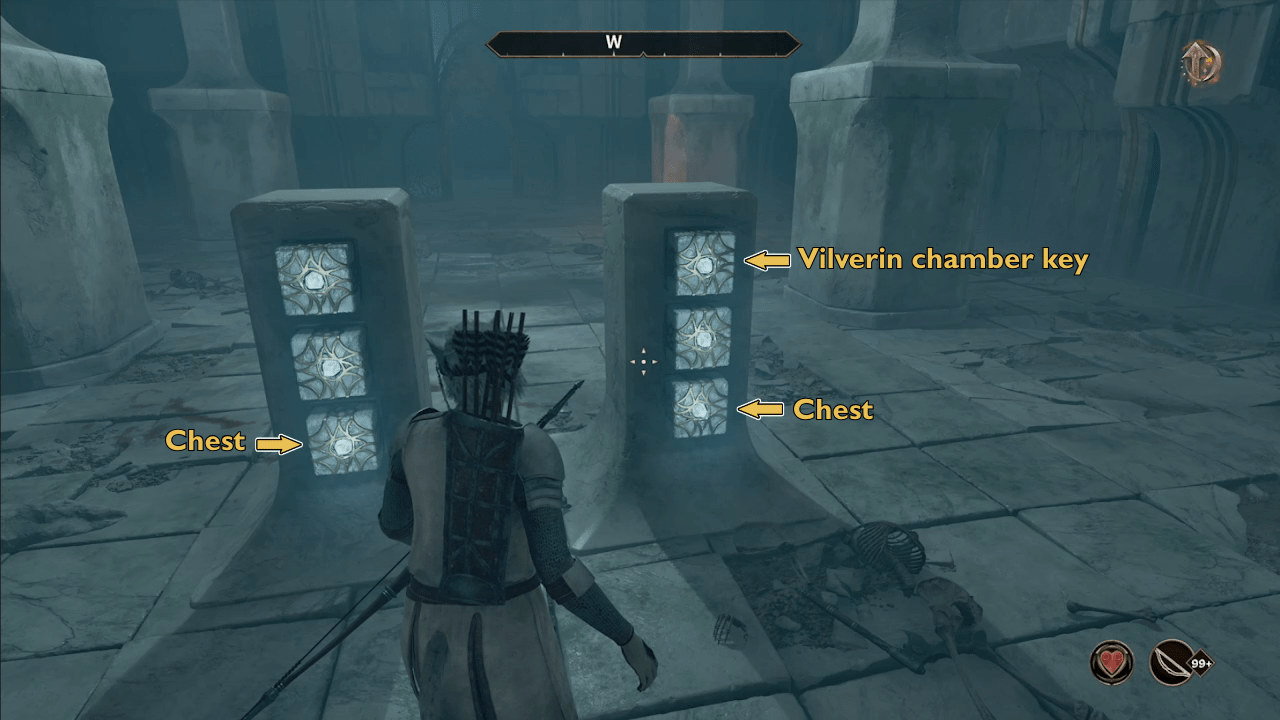 An image of puzzle with six buttons in the Vilverin dungeon in Oblivion Remastered. One on the top right is labeled “Vilverin chamber key” and the one of the bottom right is labeled chest. The one on the bottom left is labeled chest.