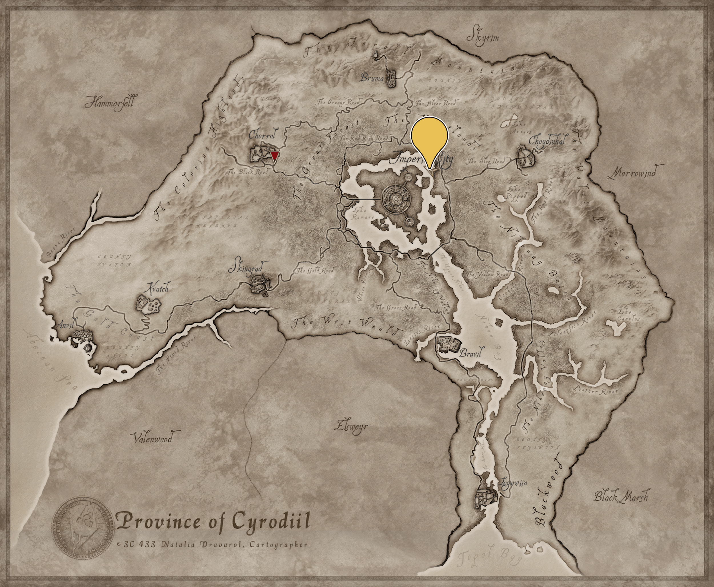 An image of a map of the world of Oblivion. There is a yellow location pin that points to a spot northeast of the Imperial City.