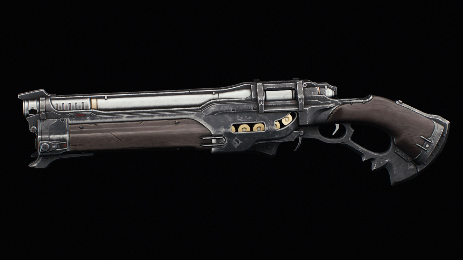A gray colored mid-sized shotgun. It has only one barrel. It has some edges to give it a more aggressive design.